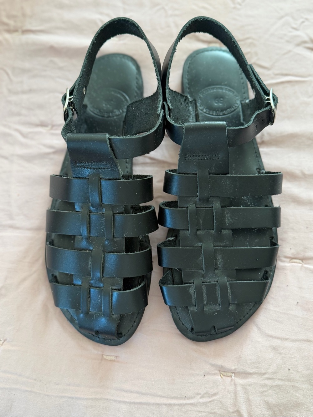 Italian. Never worn Woven Black Leather Women's SandalsAdjustable Ankle Strap.